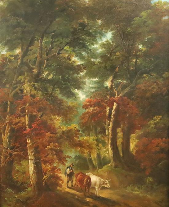 Attributed to John Joseph Barker of Bath (1826-1904) Cattle drover in woodland 28 x 24in.